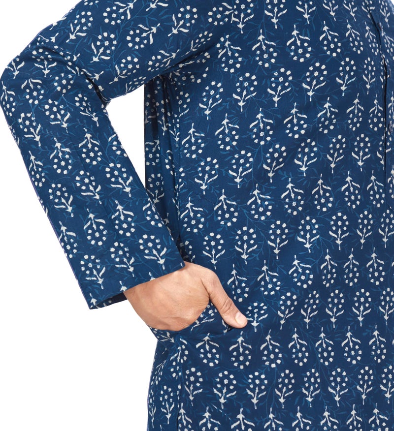 Studio Shringaar Men's Cotton Relaxed Fit Block Printed Knee Length Kurta(M121, Indigo Blue_2XL) - Image 5