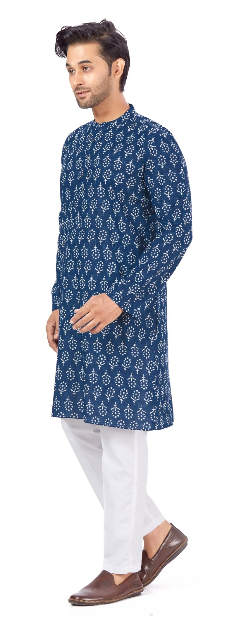 Studio Shringaar Men's Cotton Relaxed Fit Block Printed Knee Length Kurta(M121, Indigo Blue_2XL) - Image 3