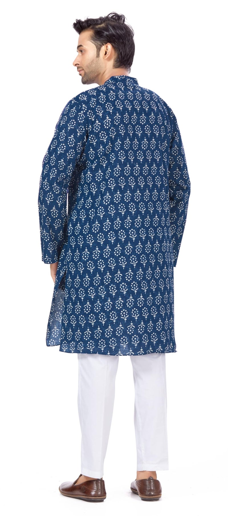 Studio Shringaar Men's Cotton Relaxed Fit Block Printed Knee Length Kurta(M121, Indigo Blue_2XL) - Image 2