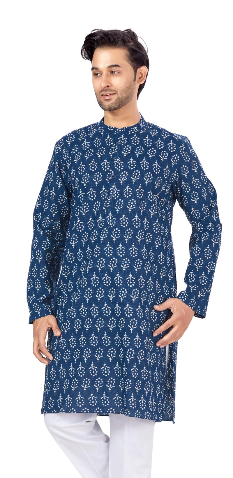 Studio Shringaar Men's Cotton Relaxed Fit Block Printed Knee Length Kurta(M121, Indigo Blue_2XL) - Image 1