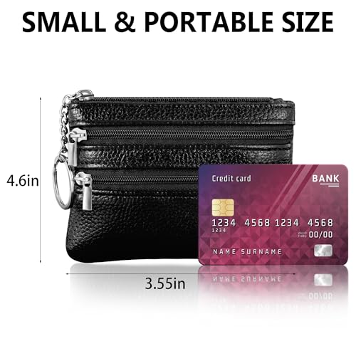 Chelmon 2 Pack Coin Purse Pouch Change Card Holder Small Wallet with Keychain for Women and Men (Black & Black) - Image 4