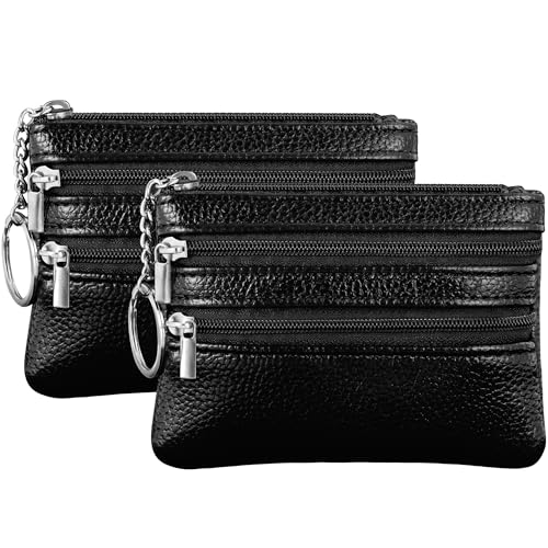 Chelmon 2 Pack Coin Purse Pouch Change Card Holder Small Wallet with Keychain for Women and Men (Black & Black) - Image 1