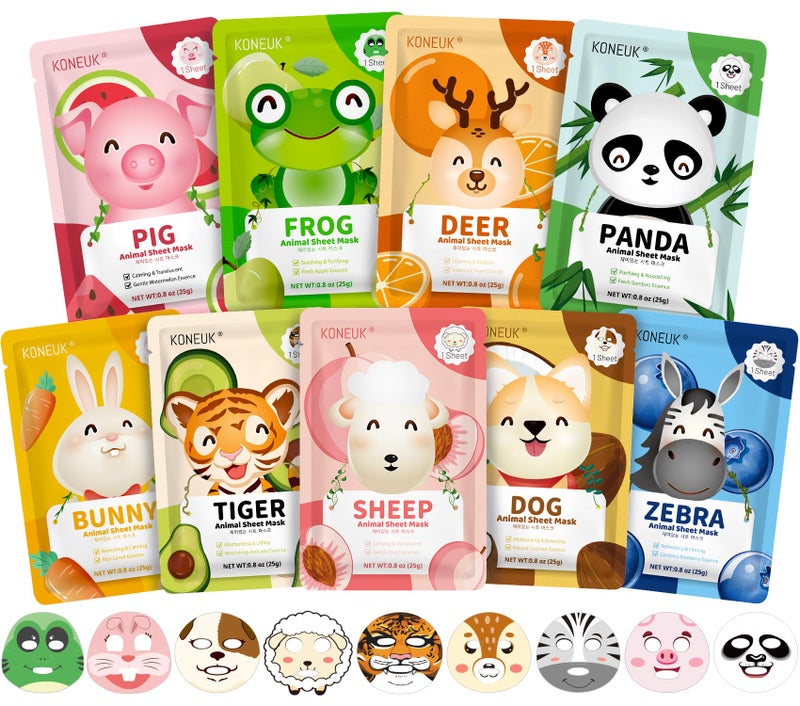 KONEUK 9 Pack Animal Face Masks Skincare for Kids, Bulk Sheet Hydrating Face Mask for Kids Skin Care, Collagen Face Mask for Teens Women, Easter Basket Stuffers, Spa Party Gifts for Teen Girls - Image 1