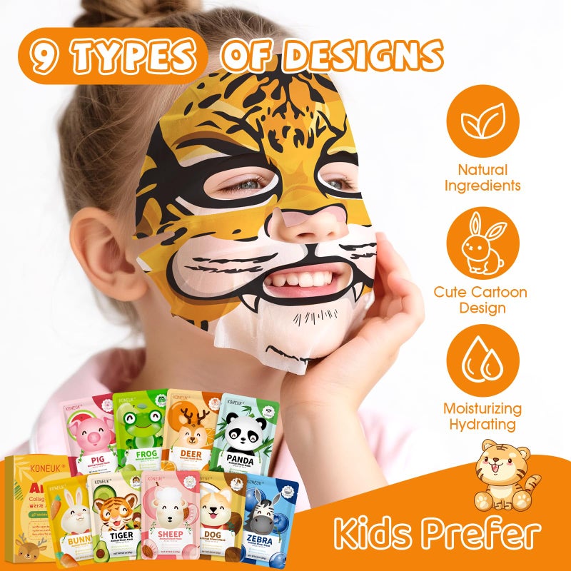 KONEUK 9 Pack Animal Face Masks Skincare for Kids, Bulk Sheet Hydrating Face Mask for Kids Skin Care, Collagen Face Mask for Teens Women, Easter Basket Stuffers, Spa Party Gifts for Teen Girls - Image 2