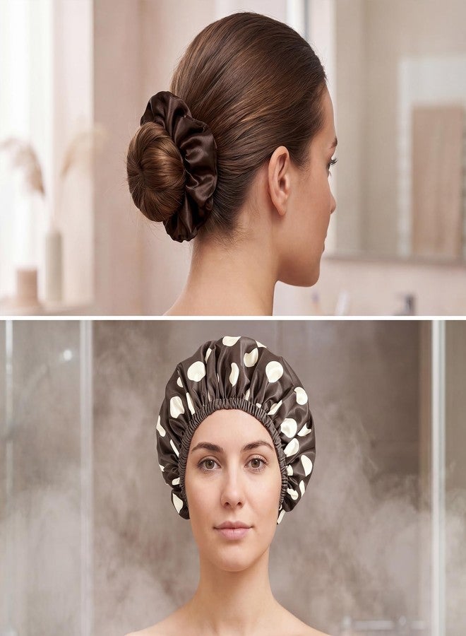 WSICSE 2 Packs Large Shower Caps for Women Reusable Waterproof, Double-Layer Bath Caps with Hair Scrunchies for Long Thick Hair Non-Slip Elastic Edge, Brown and Light Khaki - Image 4