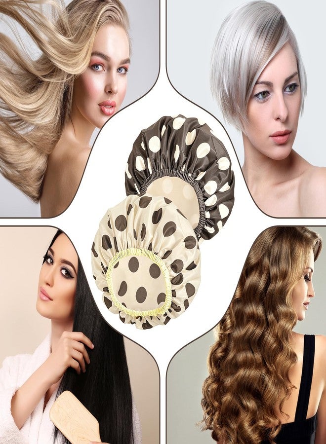 WSICSE 2 Packs Large Shower Caps for Women Reusable Waterproof, Double-Layer Bath Caps with Hair Scrunchies for Long Thick Hair Non-Slip Elastic Edge, Brown and Light Khaki - Image 5