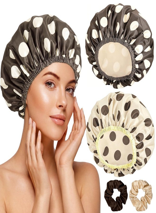 WSICSE 2 Packs Large Shower Caps for Women Reusable Waterproof, Double-Layer Bath Caps with Hair Scrunchies for Long Thick Hair Non-Slip Elastic Edge, Brown and Light Khaki - Image 1