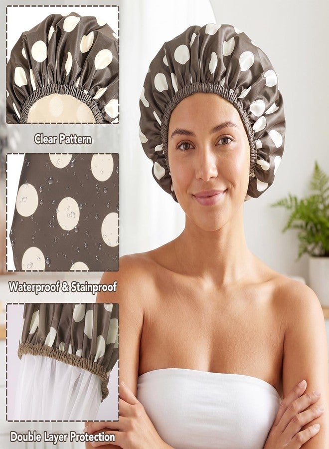 WSICSE 2 Packs Large Shower Caps for Women Reusable Waterproof, Double-Layer Bath Caps with Hair Scrunchies for Long Thick Hair Non-Slip Elastic Edge, Brown and Light Khaki - Image 3