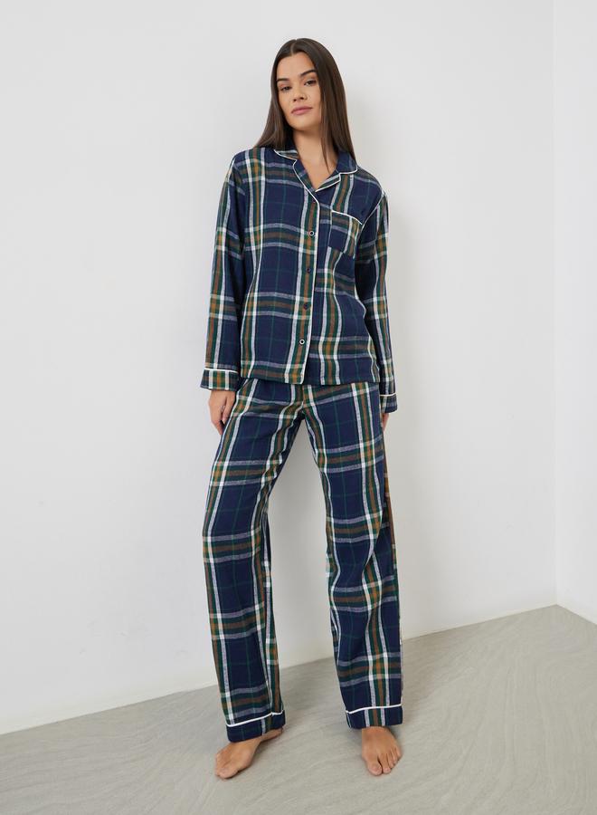 Styli Family Pyjamas - Women Checked Piped Buttoned Shirt and Pyjama Set - Image 1