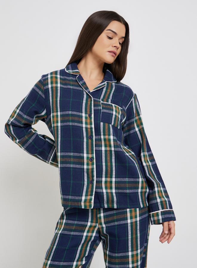 Styli Family Pyjamas - Women Checked Piped Buttoned Shirt and Pyjama Set - Image 2