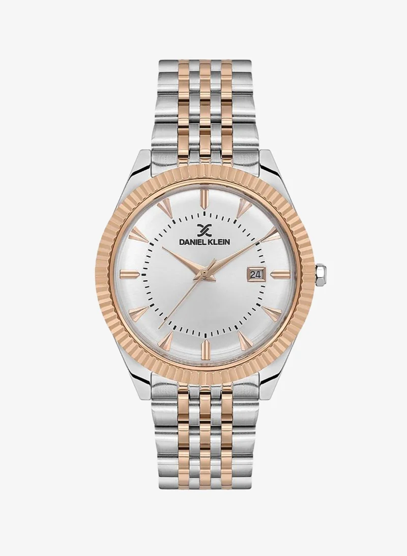DANIEL KLEIN Men's Stainless Steel Silver and Rose Gold Alloy Case Analog Silver Round Sunray Dial Japanese Quartz Premium 50 Meters Water Resistant