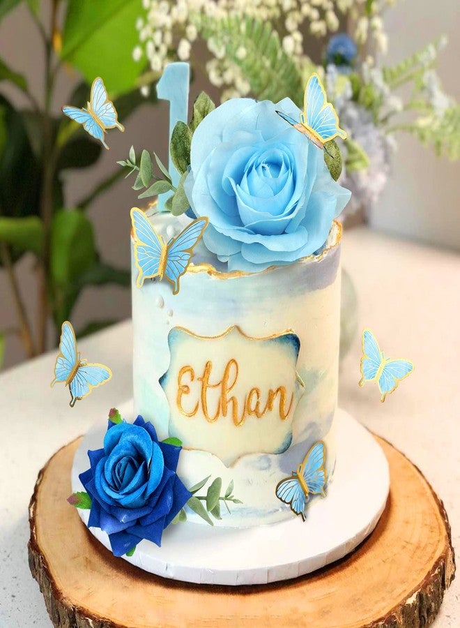 BANBALLON 19 PCS Flower Cake Toppers Butterfly Happy Birthday Cake Decorations with Artificial Blue Rose Flowers Eucalyptus Butterflies for Party Wedding Baby Shower Supplies (Blue) - Image 3