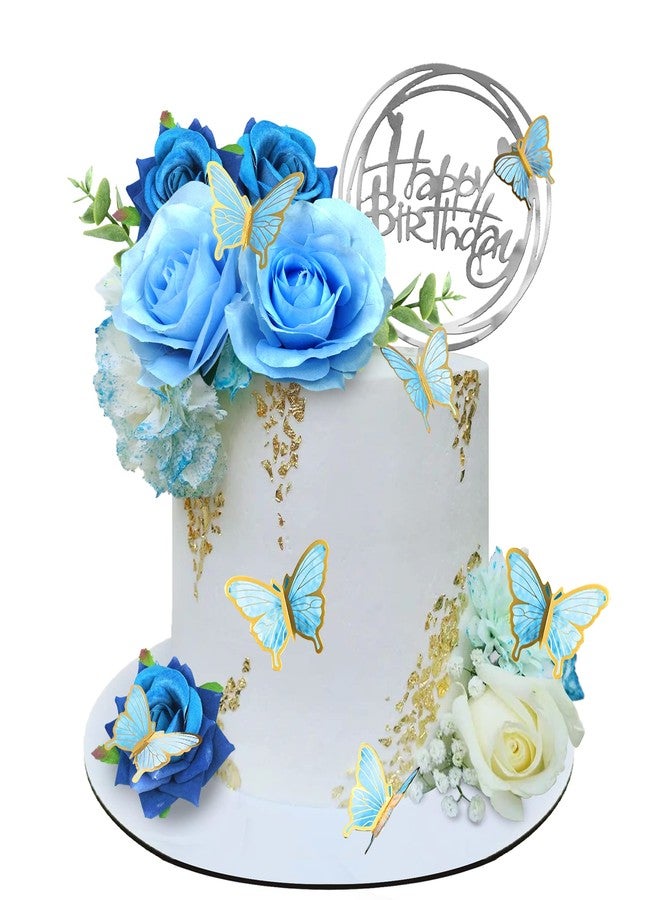 BANBALLON 19 PCS Flower Cake Toppers Butterfly Happy Birthday Cake Decorations with Artificial Blue Rose Flowers Eucalyptus Butterflies for Party Wedding Baby Shower Supplies (Blue) - Image 1