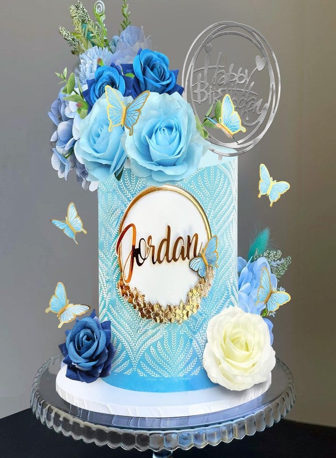 BANBALLON 19 PCS Flower Cake Toppers Butterfly Happy Birthday Cake Decorations with Artificial Blue Rose Flowers Eucalyptus Butterflies for Party Wedding Baby Shower Supplies (Blue) - Image 5