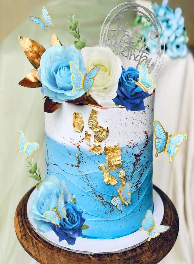 BANBALLON 19 PCS Flower Cake Toppers Butterfly Happy Birthday Cake Decorations with Artificial Blue Rose Flowers Eucalyptus Butterflies for Party Wedding Baby Shower Supplies (Blue) - Image 4