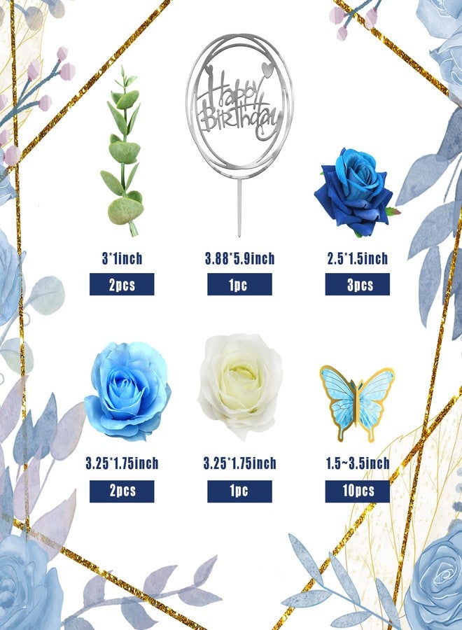 BANBALLON 19 PCS Flower Cake Toppers Butterfly Happy Birthday Cake Decorations with Artificial Blue Rose Flowers Eucalyptus Butterflies for Party Wedding Baby Shower Supplies (Blue) - Image 2