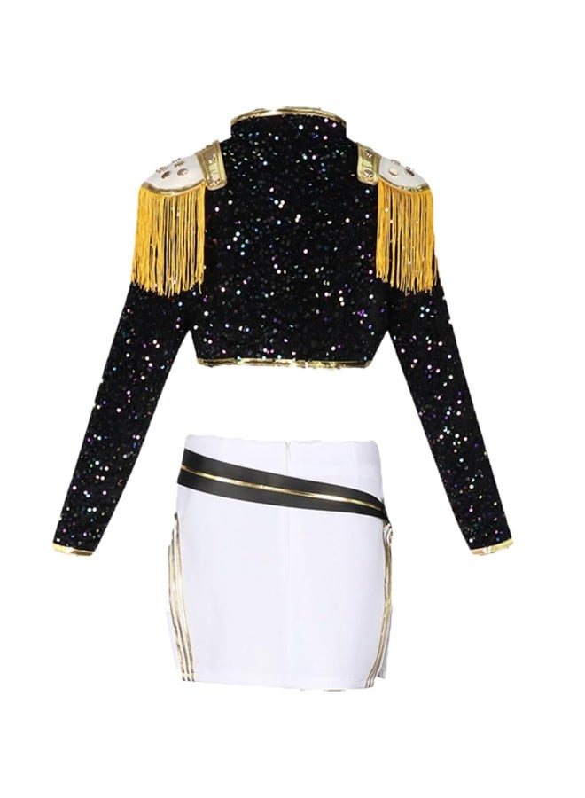 Y&D Women’s Black Sequins Performance Costume Deluxe Style Singers Dancers Cosplay Halloween Outfits - Image 2