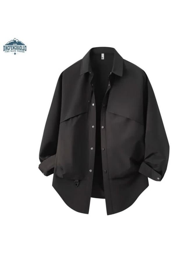Dingfengbaoluo Premium Work Shirt Men Spring American Casual Outdoor Jacket Men Turn-down Collar Coat Xqy55 Black XL
