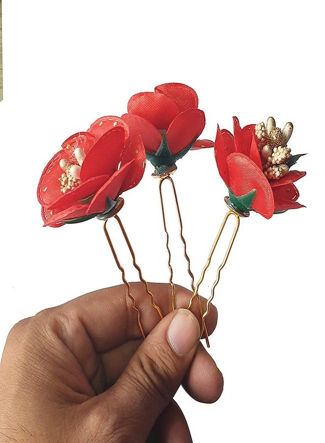 CHEM-AB ENTEREPIRSE Red Flower Velvet Attractive Beautiful Pins for Women 12 Pcs (Pack of 1) - Image 3
