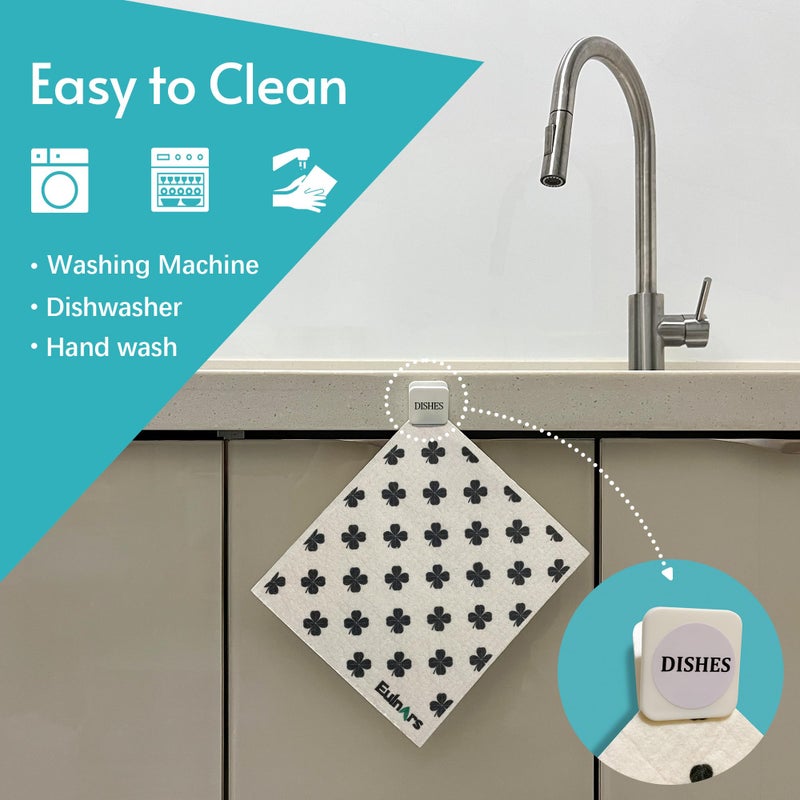 Eulnars Reusable Paper Towels, 8-Pack Swedish Dishcloths for Kitchen with 3 Clips, Black White, Cotton, 200 Washes - Image 2