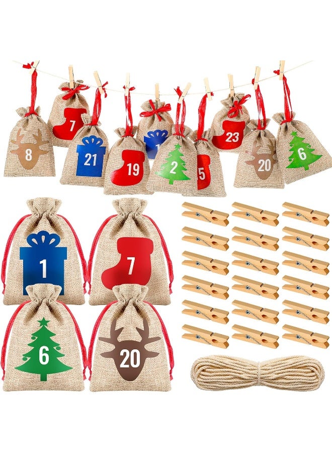 Coume 24 Pcs Christmas Advent Calendar Bags 24 Days Burlap Countdown Calendar Bags 4x6 Inch Drawstring Gift Bag Pouches with Xmas Mini Wooden Clips for Christmas Birthday Party Favor Home Wall Decor - Image 1