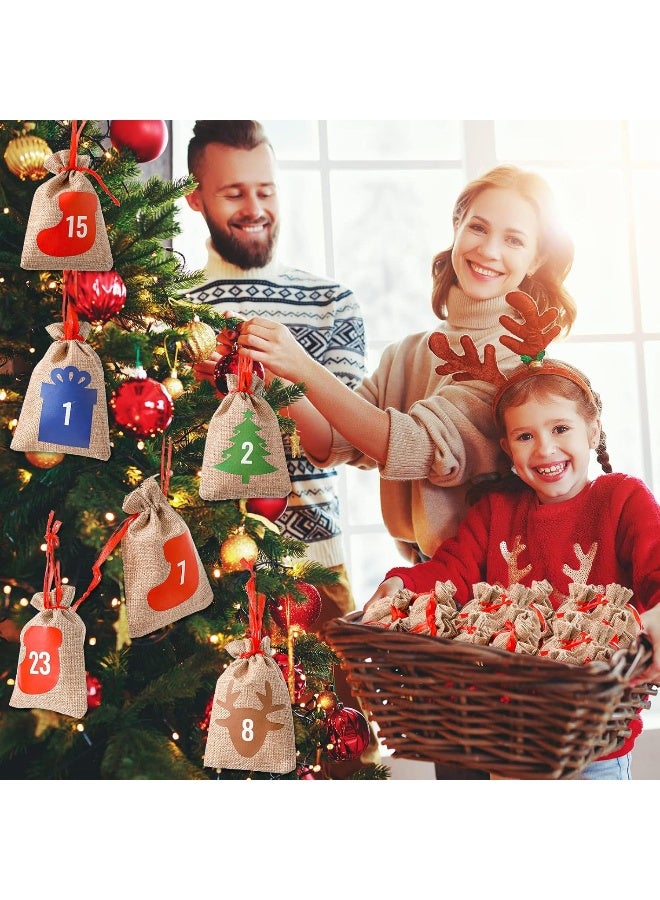 Coume 24 Pcs Christmas Advent Calendar Bags 24 Days Burlap Countdown Calendar Bags 4x6 Inch Drawstring Gift Bag Pouches with Xmas Mini Wooden Clips for Christmas Birthday Party Favor Home Wall Decor - Image 5