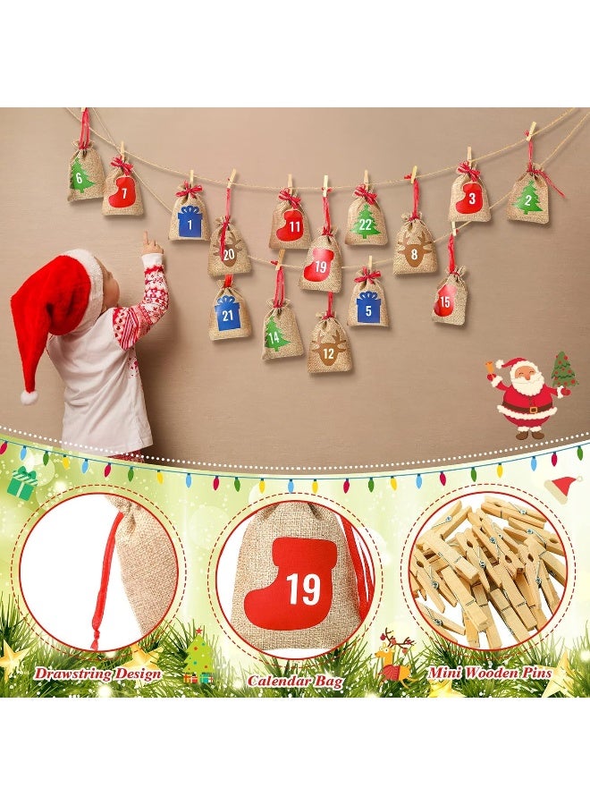 Coume 24 Pcs Christmas Advent Calendar Bags 24 Days Burlap Countdown Calendar Bags 4x6 Inch Drawstring Gift Bag Pouches with Xmas Mini Wooden Clips for Christmas Birthday Party Favor Home Wall Decor - Image 2