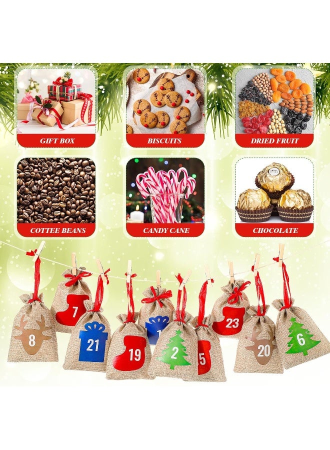 Coume 24 Pcs Christmas Advent Calendar Bags 24 Days Burlap Countdown Calendar Bags 4x6 Inch Drawstring Gift Bag Pouches with Xmas Mini Wooden Clips for Christmas Birthday Party Favor Home Wall Decor - Image 4