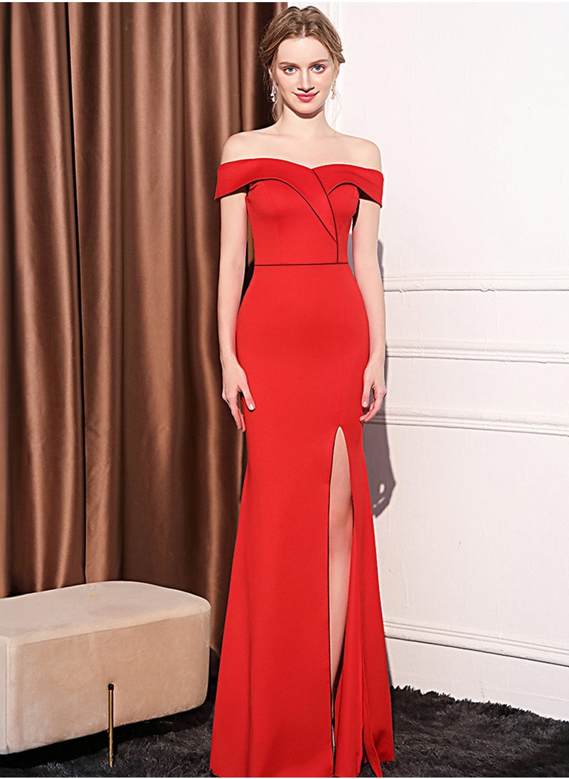 Loquat Elegant Off-Shoulder Evening Gown for Women - Fishtail Fit  Flare Dress  - Image 1