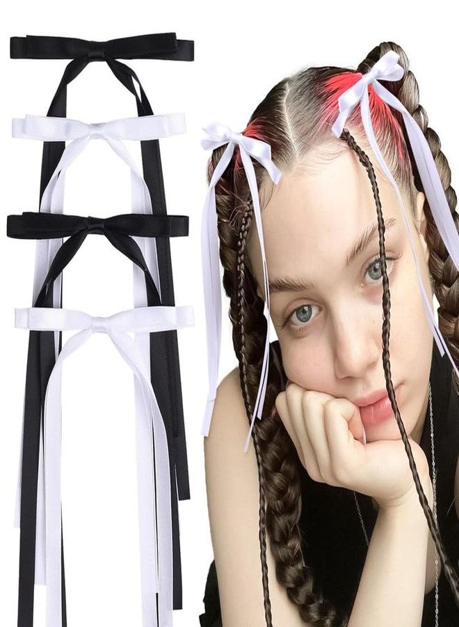 RECTYO GALLERY4PCS Luxury Hair Bows for Women Girls, Tassel Ribbon Bowknot Hair Clips Barrettes for Girl with Long Tail, Solid Satin Hair Accessories (Black+White) - Image 1
