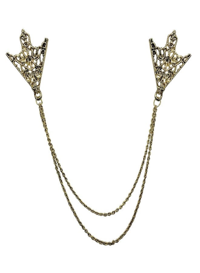 FURE Antic Golden Double Chain Metal Grill Triangular Collar Pins - Image 1