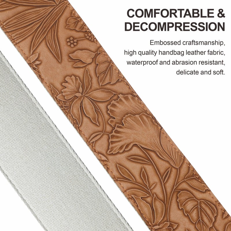 Nefelibata Guitar Strap with Pick Pocket,2.3 inch Porter Style Vegan Leather Carving Guitar Straps,60s Vintage Styleï¼ˆBrown Yellowï¼‰ - Image 3