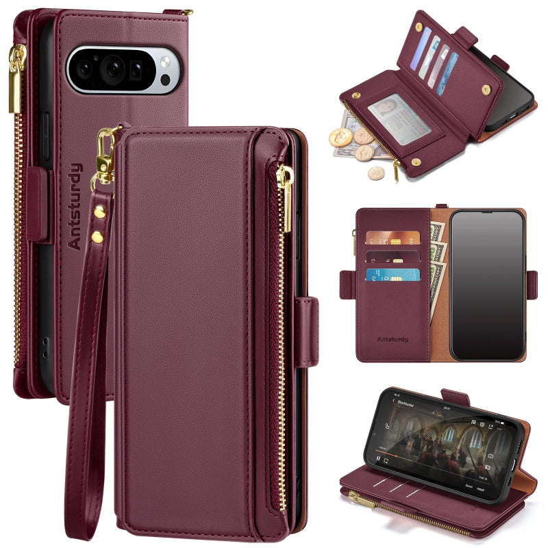 Antsturdy Compatible with Google Pixel 10/ Pixel 10 Pro Wallet Case with Card Holder Women Men Phone Case RFID Blocking PU Leather Flip Protective Cover Wrist Strap Zipper Credit Card Slots,Wine Red - Image 1