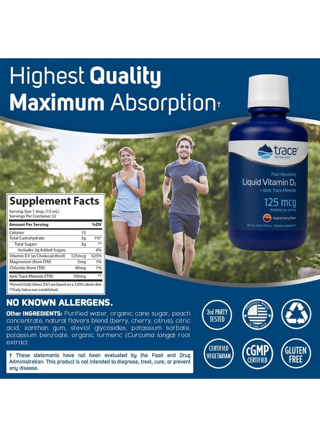Trace Minerals | Liquid Vitamin D3 | 126 mcg (5000 IU) D3 with Full Spectrum of Ionic Trace Minerals | Fast Absorbing, High Potency | Natural Tropical Cherry Flavor | 32 Servings, 16 fl oz - Image 3