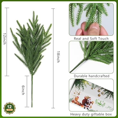 GIAUMA 12 Pcs Artificial Norfolk Pine Branches - 18" Realistic Faux Christmas Greenery Stems Fake Evergreen Cedar Picks Winter Greens for Vase DIY Crafts Garland Wreath Indoor Outdoor Holiday Decor - Image 4