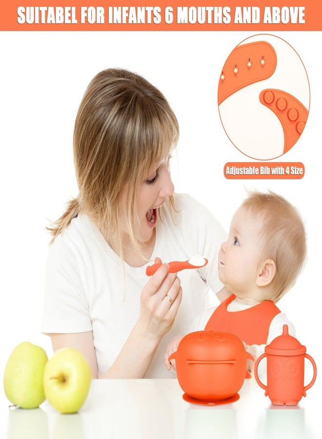 lokeisna Silicone Baby Feeding Set 13 Piece, Baby Led Weaning Feeding Supplies, Strong Suction Bowl & Plate, Adjustable Bibs, 4-in-1 Cup, Silicone Spoon, Food-grade Silicone (Orange with white) - Image 3