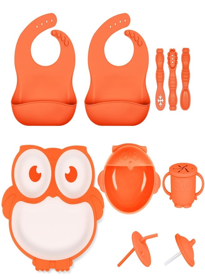 lokeisna Silicone Baby Feeding Set 13 Piece, Baby Led Weaning Feeding Supplies, Strong Suction Bowl & Plate, Adjustable Bibs, 4-in-1 Cup, Silicone Spoon, Food-grade Silicone (Orange with white) - Image 1