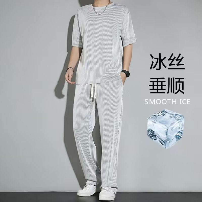 Simple Casual Mens T-shirt Set Summer Trend Five-Quarter Sleeve Long Pants Laid-back Japanese Style Versatile Sportswear Brown  - Image 4