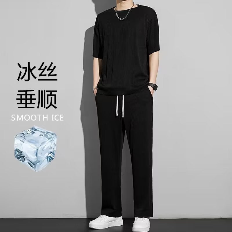 Simple Casual Mens T-shirt Set Summer Trend Five-Quarter Sleeve Long Pants Laid-back Japanese Style Versatile Sportswear Brown  - Image 3