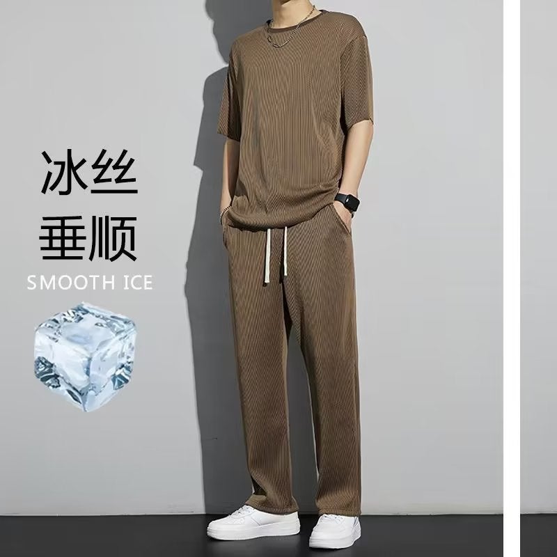 Simple Casual Mens T-shirt Set Summer Trend Five-Quarter Sleeve Long Pants Laid-back Japanese Style Versatile Sportswear Brown  - Image 1