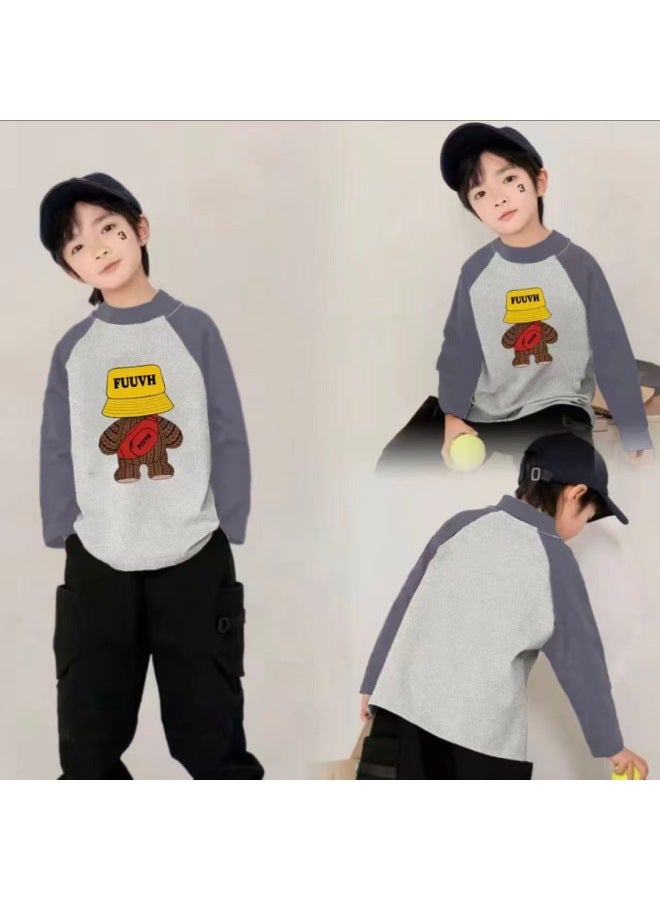 Boys' Autumn And Winter New Thermal Base Shirt, New Color-blocking Versatile Trendy Long-sleeve T-shirt For Older Children
