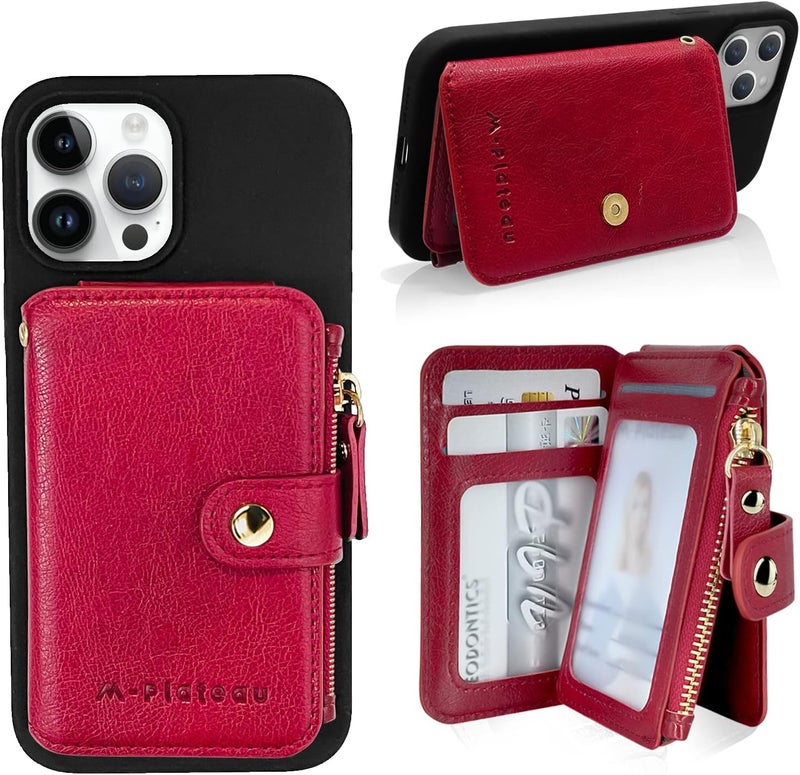 M-Plateau Card Holder for Phone Case Button Closure Phone Wallet for Women with Zipper Coin Purse Have 6 Card Slots and ID Window Suitable for iPhone 14 Plus Case (Red) - Image 1