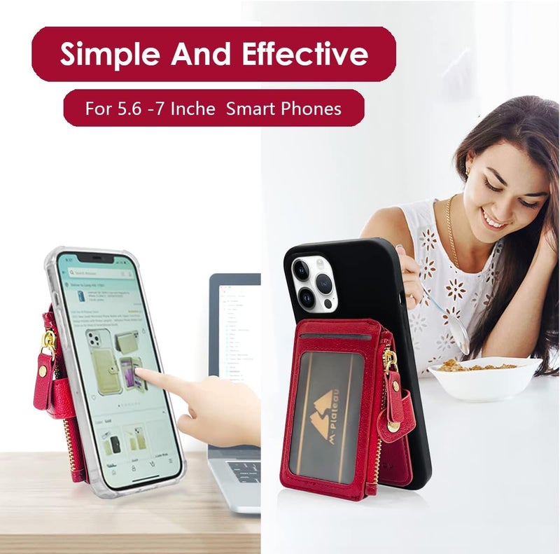 M-Plateau Card Holder for Phone Case Button Closure Phone Wallet for Women with Zipper Coin Purse Have 6 Card Slots and ID Window Suitable for iPhone 14 Plus Case (Red) - Image 4
