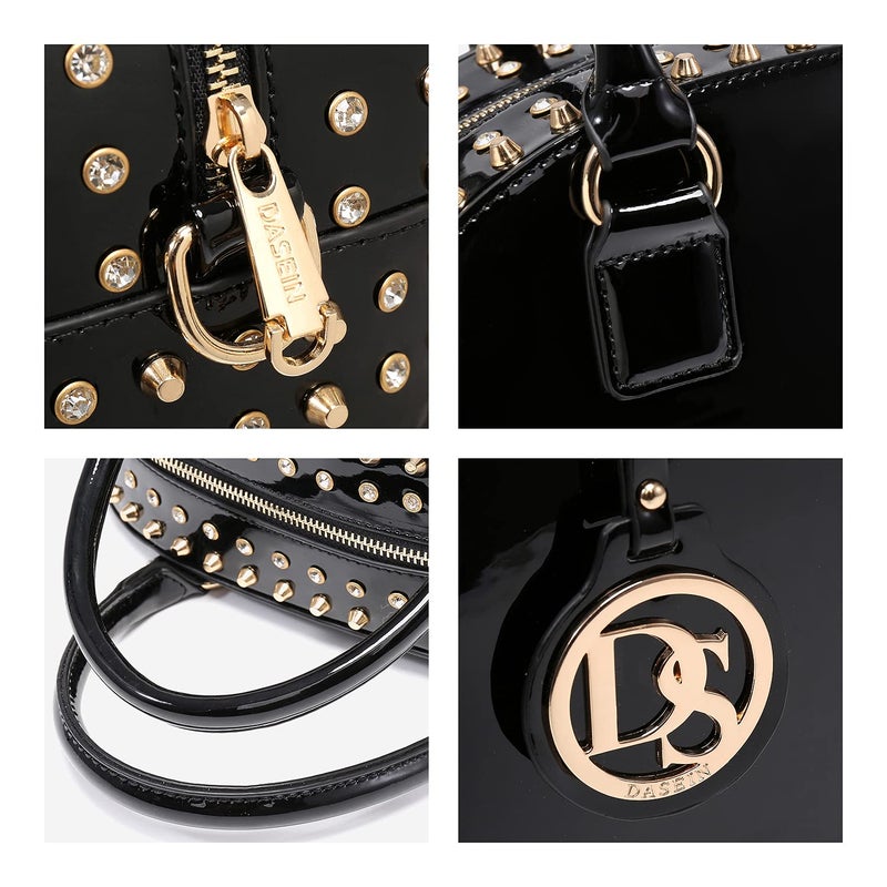 Dasein Women Patent Leather Purses Handbags Dome Satchel Purse Work Tote Structured Shoulder Bag with Long Strap (Black) - Image 5
