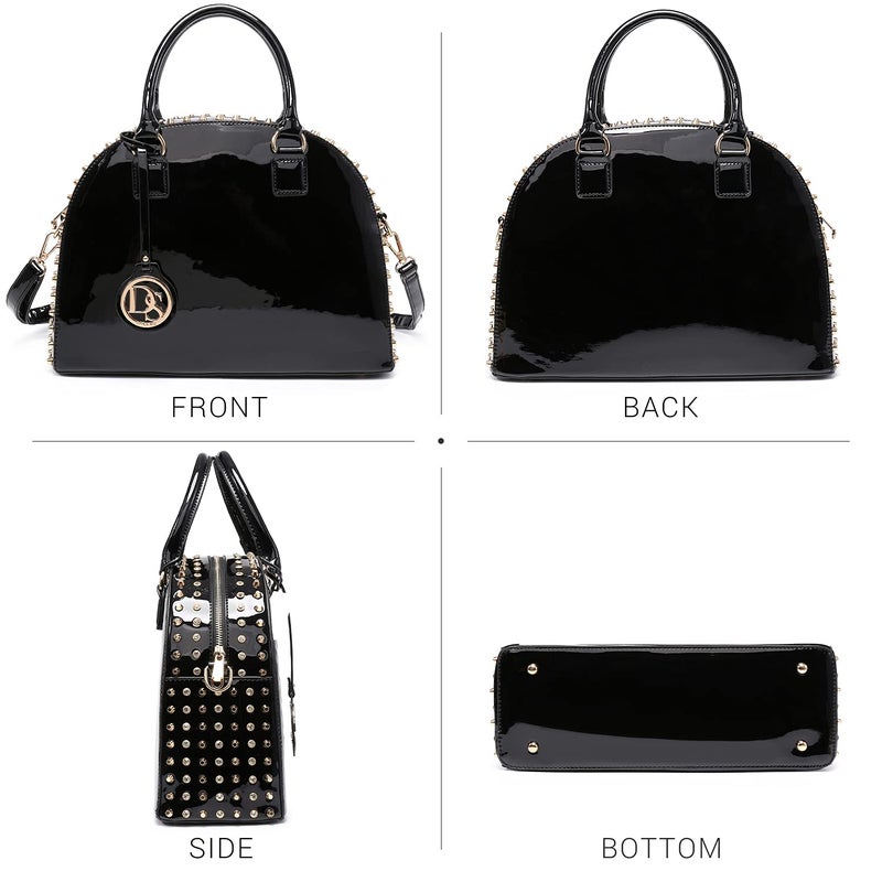 Dasein Women Patent Leather Purses Handbags Dome Satchel Purse Work Tote Structured Shoulder Bag with Long Strap (Black) - Image 2