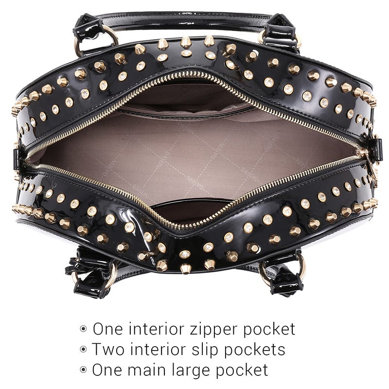Dasein Women Patent Leather Purses Handbags Dome Satchel Purse Work Tote Structured Shoulder Bag with Long Strap (Black) - Image 4