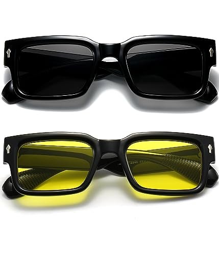 EYLRIM Square Frame Sunglasses for Women Men Trendy Chunky Rectangle Sun Glasses Black Shades UV400 Protection(2 Pack (Black/Grey+Black/Yellow)) - Image 2