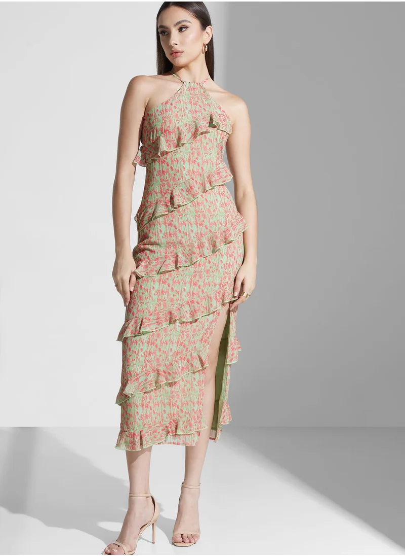 PRETTY LAVISH Halter Neck Ruffle Printed Dress