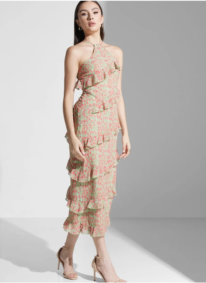 PRETTY LAVISH Halter Neck Ruffle Printed Dress