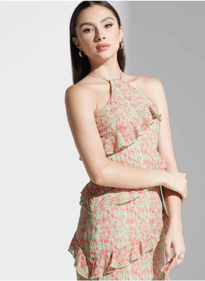 PRETTY LAVISH Halter Neck Ruffle Printed Dress
